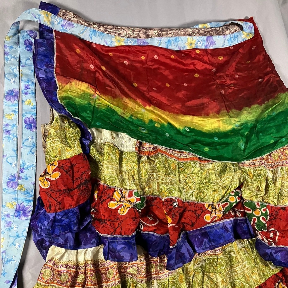 Bohemian Silk Wrap Skirt Rainbow Tie Dye Tiered Ruffled Made in Nepal - Picture 2 of 14
